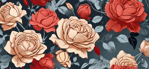 Vintage floral pattern with large blooming roses in shades of peach and red