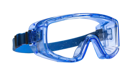 Clear-blue safety goggles with adjustable strap isolated on a black background