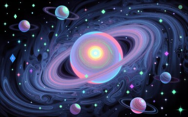 Vibrant cosmic spheres swirl in deep space, glowing stars dot the surreal galaxy.