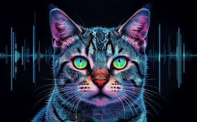 Cyber cat with glowing eyes, digital pixels, neon cityscape background. Futuristic feline portrait.