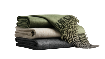 Stack of three folded blankets; green, beige, and gray; fringed edge