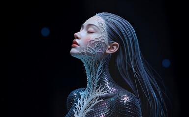 Cybernetic woman with glowing blue tendrils, serene expression against dark background.