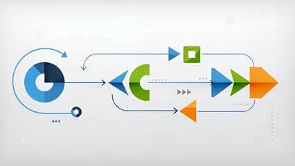 A modern corporate workflow diagram illustrating a process with arrows and icons