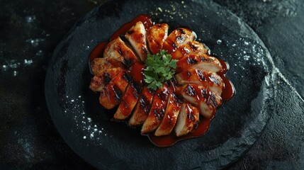 Grilled chicken slices, BBQ sauce, slate plate, dark background, food photography