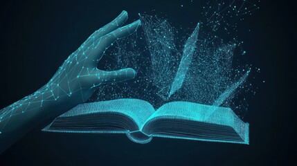 Digital hand interacts with glowing book, data particles, dark background, e-learning