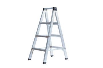 Silver folding ladder against a stark black backdrop