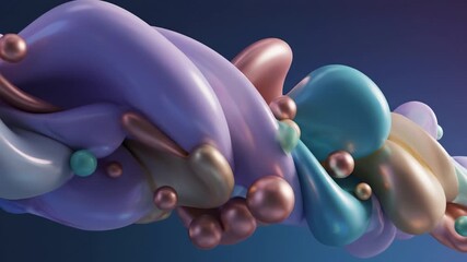 Abstract colorful fluid sculpture with metallic pearlescent glossy organic bubbles and balloon cluster pastel purple and teal floating over deep navy to soft blue gradient background with subtle - Powered by Adobe