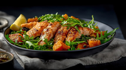 Fototapeta premium A Delicious Gourmet Salad with Grilled Salmon Fillet, Fresh Arugula Greens, Roasted Pumpkin, Berries, and Seeds in a Black Bowl on a Dark Table.