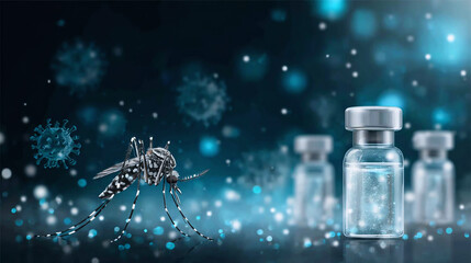 Large mosquito standing near medical vaccine vials with glowing blue virus background
