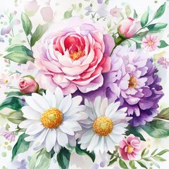Watercolor floral bouquet, roses, daisies, spring, garden, greeting card design