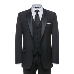 Sharp black tuxedo ensemble with vest, tie, and pocket square for formal events