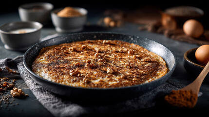 A Delicious Homemade Breakfast Skillet with a Baked Egg Dish, Topped with Crunchy Walnuts and Cinnamon Spice, Presented on a Dark Rustic Table.