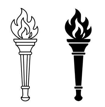 Torch / flambeau illustration, black and white, outline and silhouette style