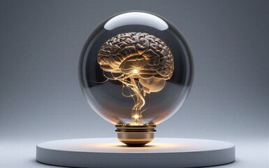 Golden brain inside glass sphere, glowing neural connections on dark background.