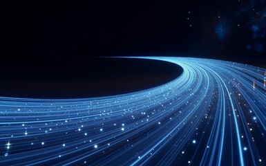 Blue light trails swirl in dark space, sparkling like cosmic data streams.