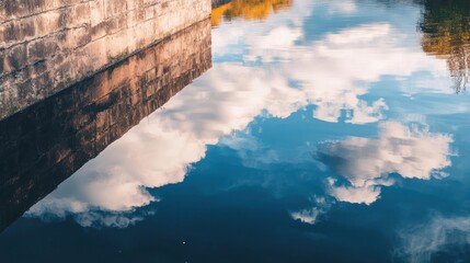 Stone wall reflection, autumn sky, calm water, canal, peaceful scene