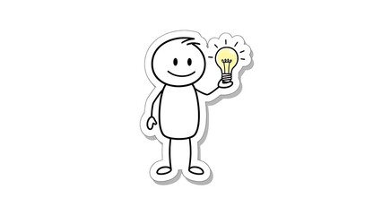 Obraz premium Stick Figure Holding a Bright Idea Light Bulb.