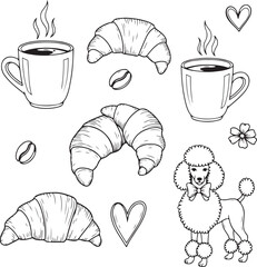 A delightful line art vector pattern featuring a poodle with a bow tie, steaming coffee mugs, croissants, hearts, and flowers. A charming Parisian cafe-style doodle perfect for creative coloring.