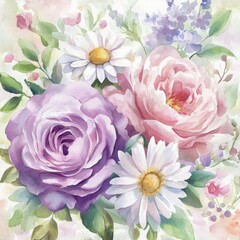 Pastel floral bouquet painting, spring garden backdrop, home decor