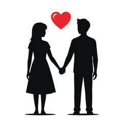 A couple silhouette holding hands with a heart above