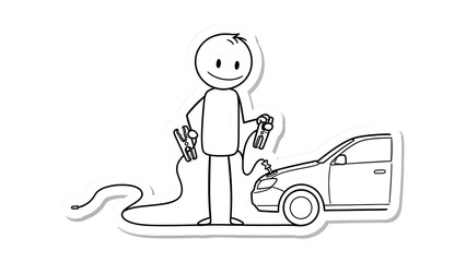 Naklejka premium Stick Figure Person Connecting Jumper Cables to a Car Battery.