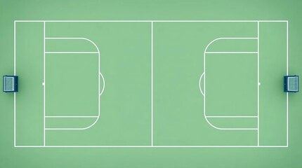 minimal soccer field top view illustration with clean green pitch and white markings