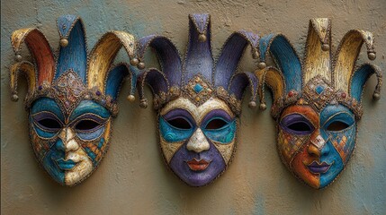 Traditional Mardi Gras Masks on Rustic Wall