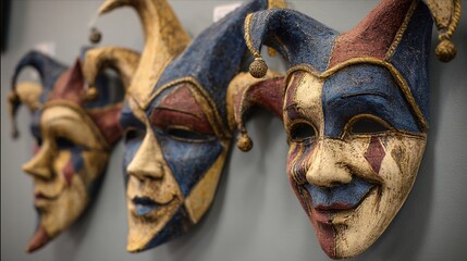 Traditional Mardi Gras Masks on Rustic Wall