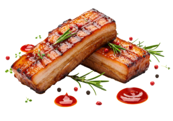 Two grilled BBQ pork belly, reddish-brown glaze, char marks, rosemary, herbs, red sauce, peppercorns on a transparent background. Concept of gourmet culinary artistry