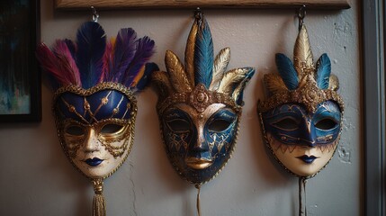 Traditional Mardi Gras Masks on Rustic Wall