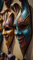 Traditional Mardi Gras Masks on Rustic Wall