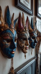 Traditional Mardi Gras Masks on Rustic Wall