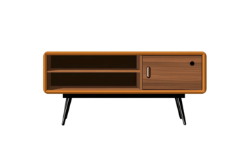 Wood cabinet, open shelf left, single door right, on legs