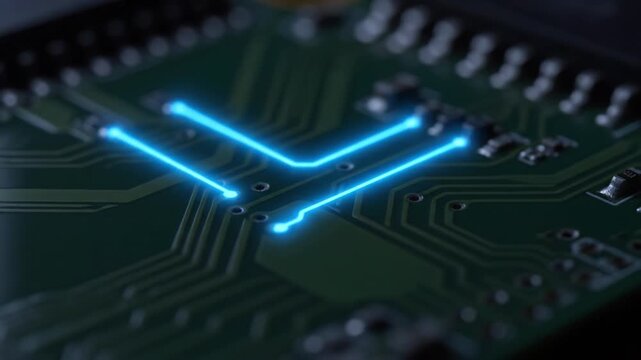 Glowing blue circuit trace green printed circuit board with electronic components close up macro technology detail futuristic illuminated pathway shallow depth of field green printed circuit board