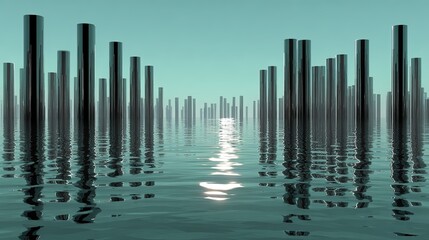 Obraz premium Array of tall dark metallic cylinders rising from rippling turquoise water toward a calm sky