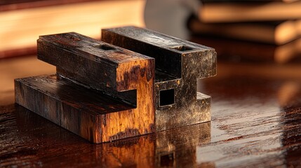 Close up of a dark wooden interlocking puzzle piece resting on a reflective surface