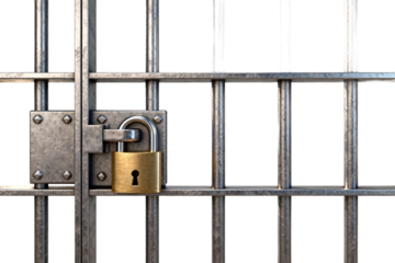 Golden Padlock Securing Metal Jail Bars