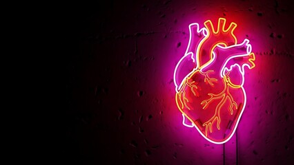 Vibrant neon anatomical heart sign glowing on a dark textured wall.