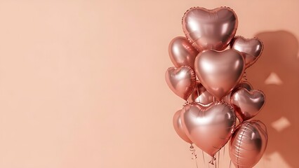 Rose gold heart balloons clustered against a soft peach background with copy space.