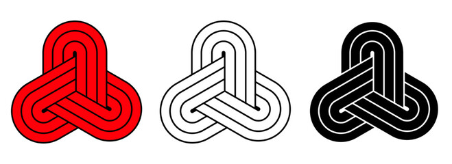 Set of interlaced triangle knot icons in red white and black colors. Clipart image isolated on background.