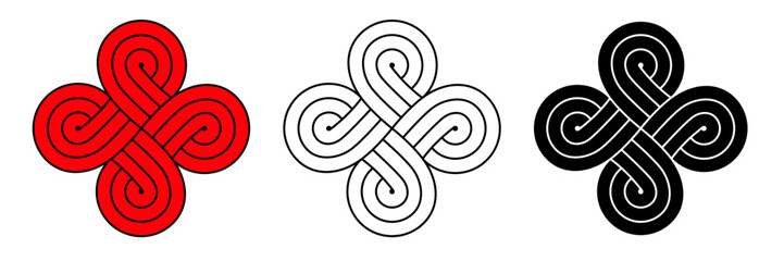 Set of three traditional Chinese knots in red white and black colors. Clipart image isolated on background.