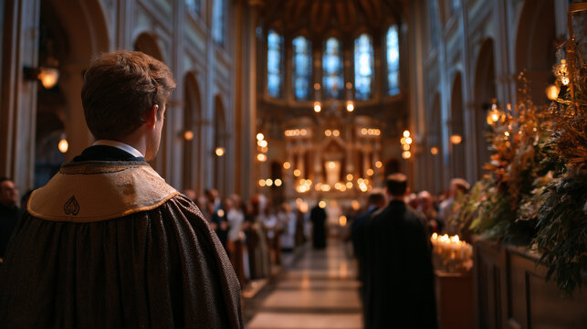 Defocused liturgy procession in grand church, blurred clergy members walking with processional cross to altar, congregation reverence, slow motion back view, ceremonial mass, with 