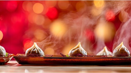 Steaming Hot Dumplings on Elegant Plate with Festive Bokeh Background
