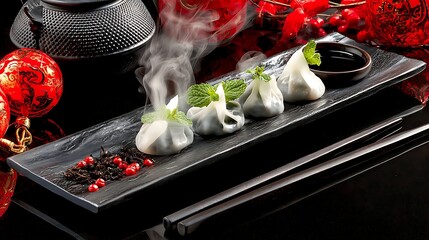 Elegant Steaming Dumplings on Black Serving Plate with Traditional Red Decorations and Chopsticks