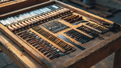 Various carpenter tools arranged on wooden table.