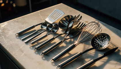 Various cooking utensils arranged neatly on kitchen table.