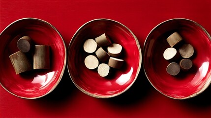 Three Red Ceramic Bowls Filled with Coffee Capsules on Red Surface