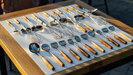 Various cooking utensils arranged neatly on kitchen table.