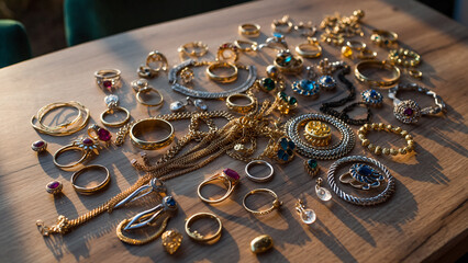 Various jewelry displayed on table elegant composition.