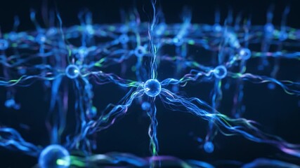 Glowing neural network neuron synapse electric filament blue light digital grid glowing cell neuron synapse bio technology science microscopic blue electric neural network glowing neural node - Powered by Adobe